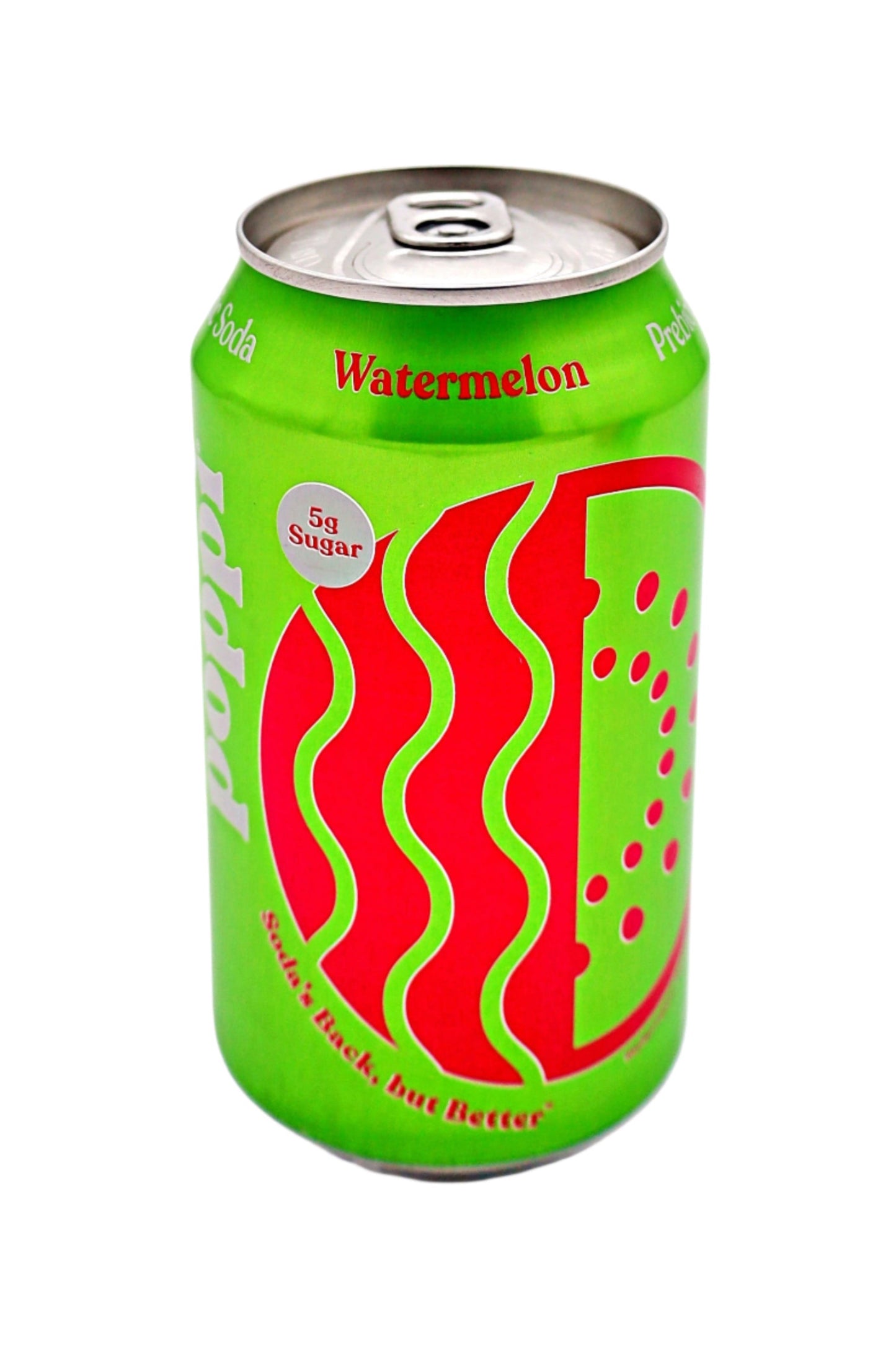 Green can with red design on a white background