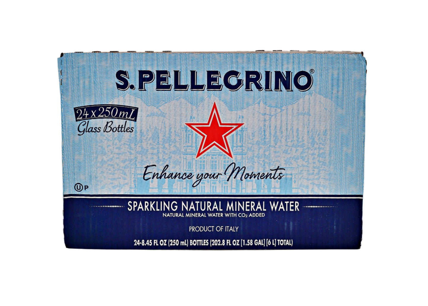 Box of S.Pellegrino sparkling natural mineral water on a white background