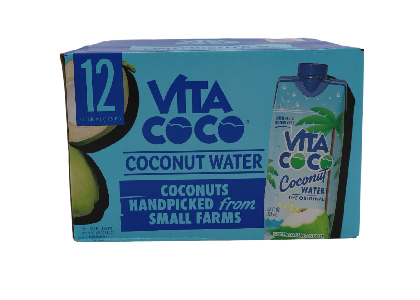 Box of Vita Coco coconut water on a white background