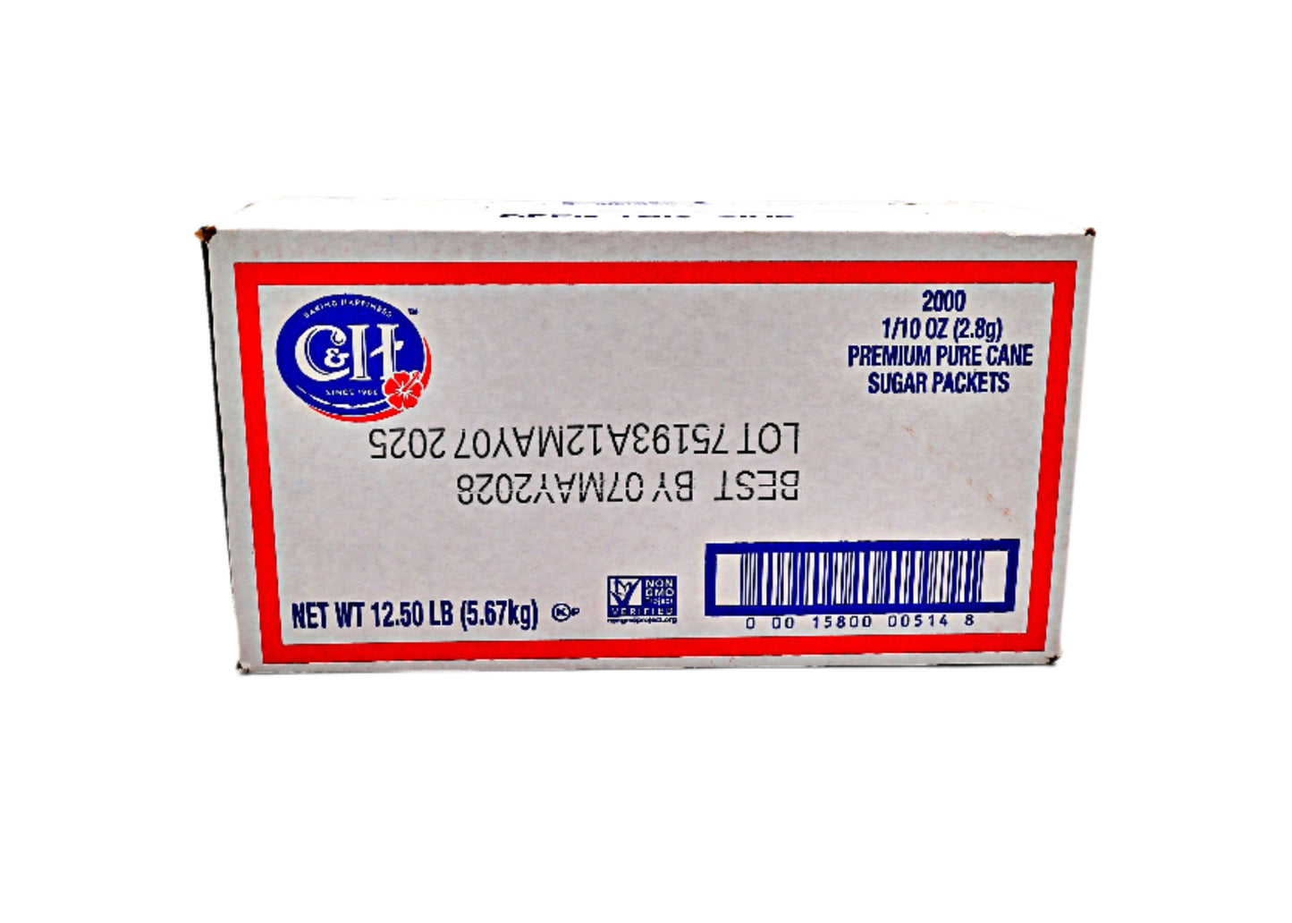 Box of C&H sugar packets on a white background
