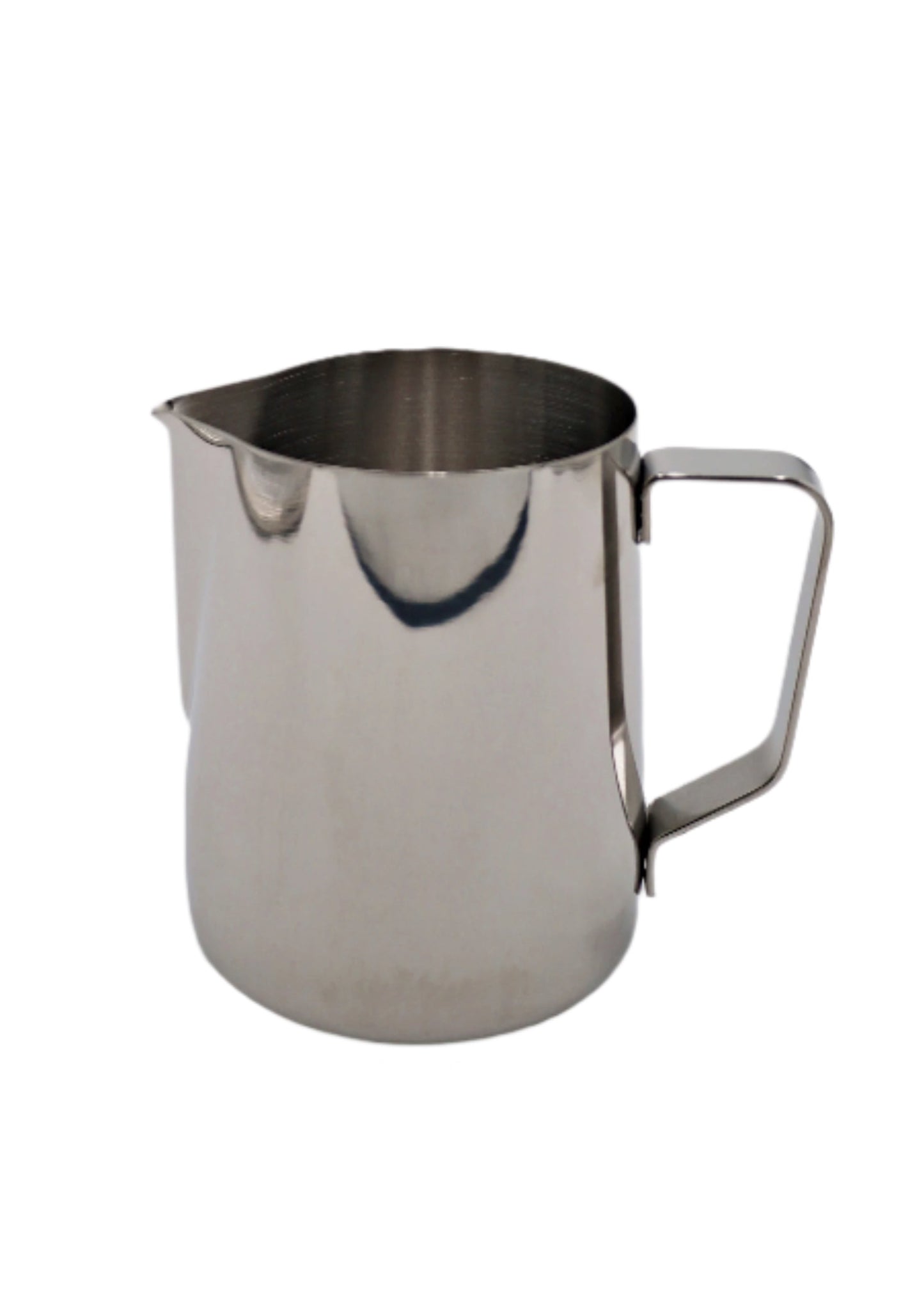 Stainless steel pitcher on a white background