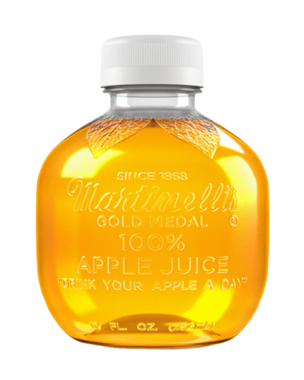 Marinelli's Gold Medal 100% Apple Juice bottle on a white background