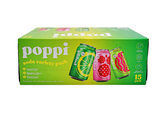 Box of poppi soda variety pack on a white background