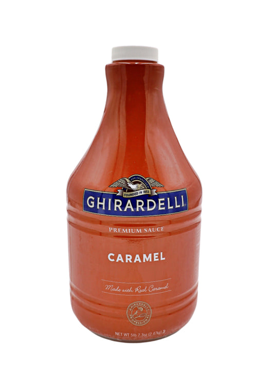 Ghirardelli caramel syrup bottle on a white background
