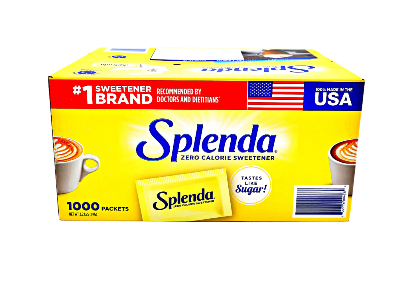 Box of Splenda sweetener packets on a white background