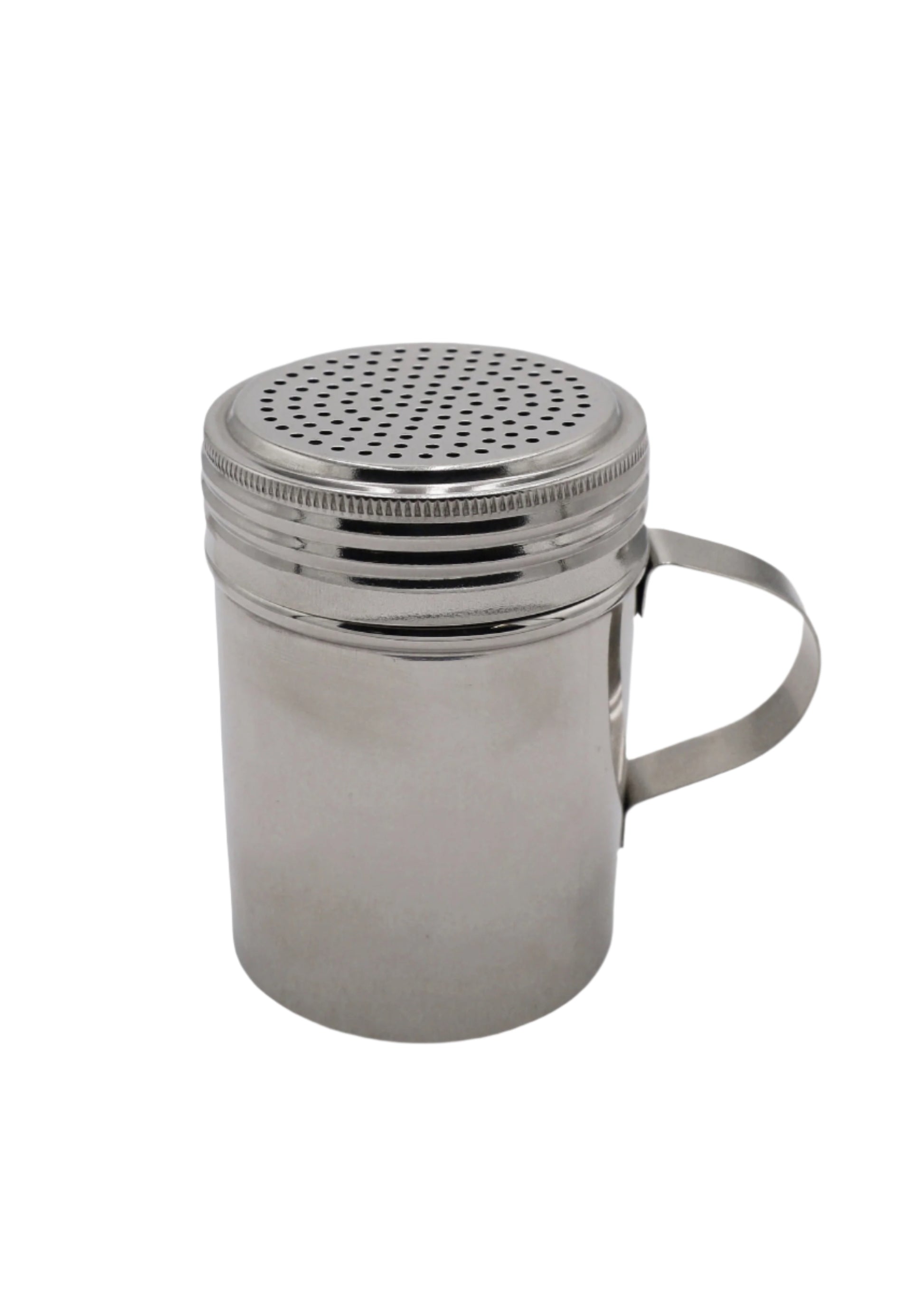 Metallic shaker on a white surface
