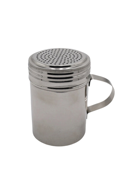 Metallic shaker on a white surface