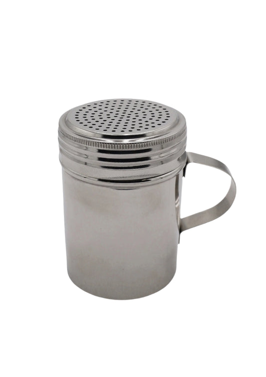 Metallic shaker on a white surface