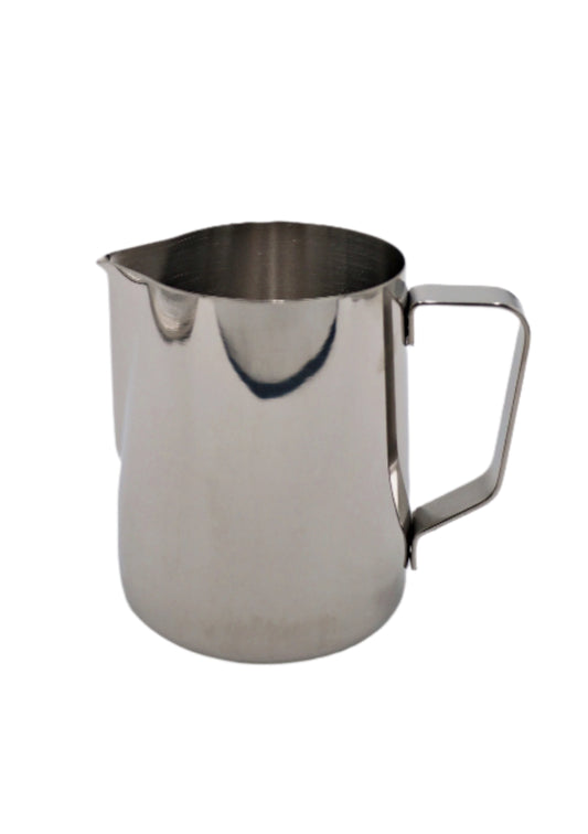Stainless steel pitcher on a white background