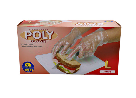 Box of Poly Gloves with a hand wearing a glove and handling food on a white background