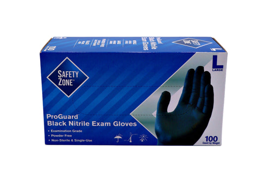 Box of black nitrile exam gloves with 'Safety First' branding on a white background
